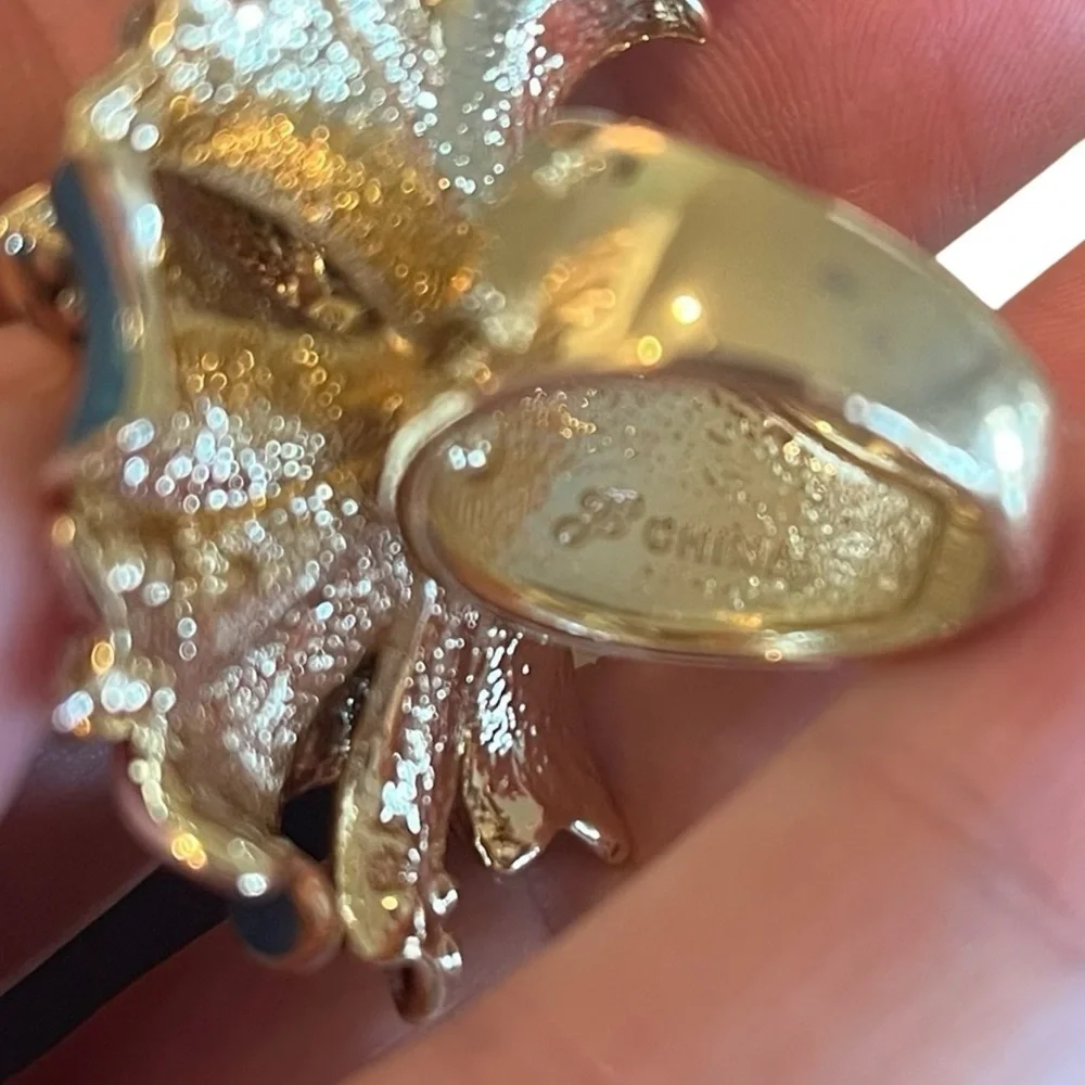 Stunning Joan Boyce Gold Statement Ring Blue Enamel Crystal Accents Bow Size 7